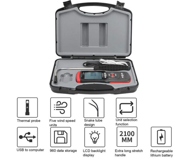 Wind Speed Tester, Thermal Anemometer Record 960 Data GT8911 Anemometer Digital LCD Handheld for Wind Speed Measurement Engineering