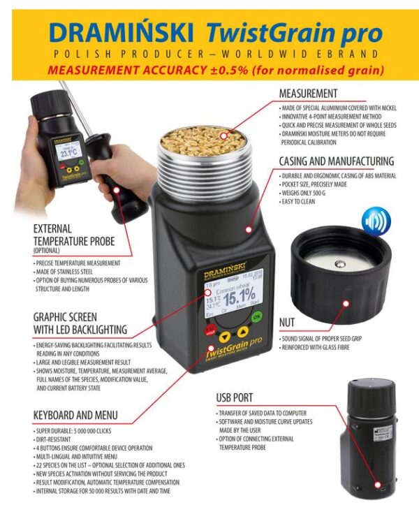 Twistgrain Pro digital grain moisture meter labeled