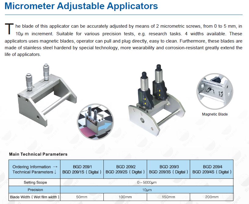 specification for digital film or micrometer applicator
