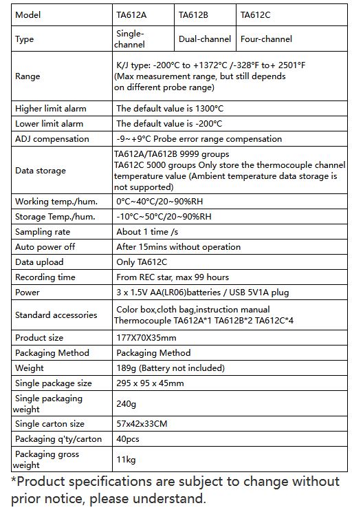 TA612 thermometer range specification