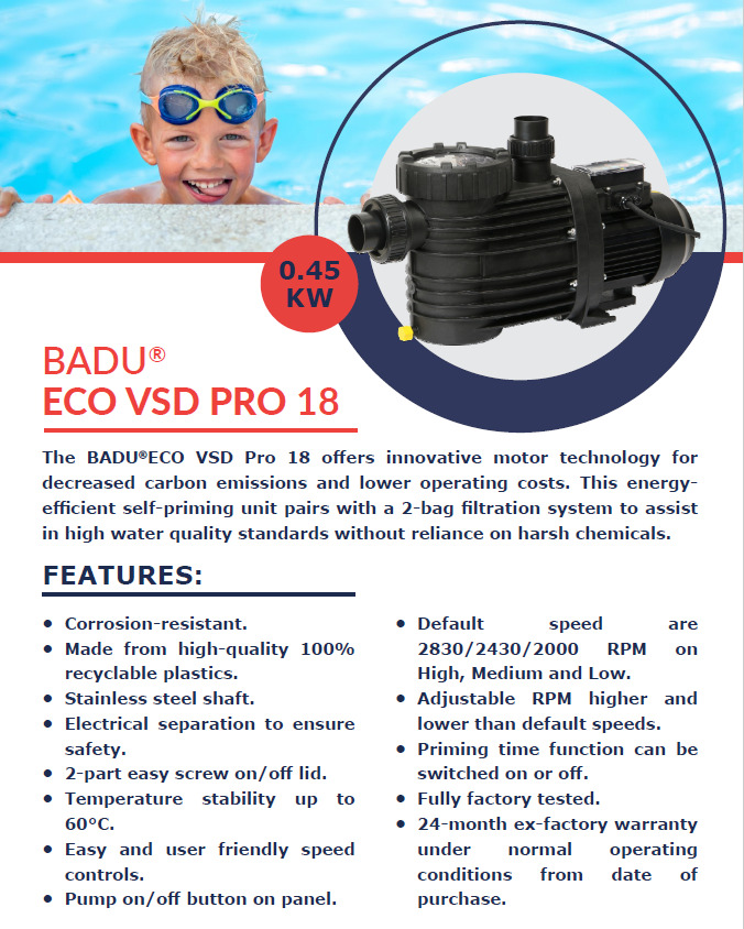 Badu Eco VSD Pro, 0.75kw self-priming variable speed circulation pump with 3 default speeds.