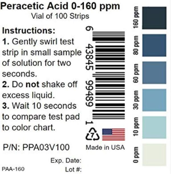 peracetic acid test strip bottle 160ppm method