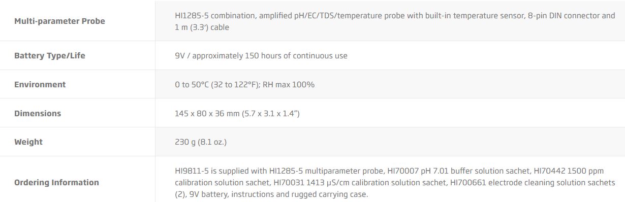Portable pH EC-TDS-Temperature Meter – HI9811-51 spec 3